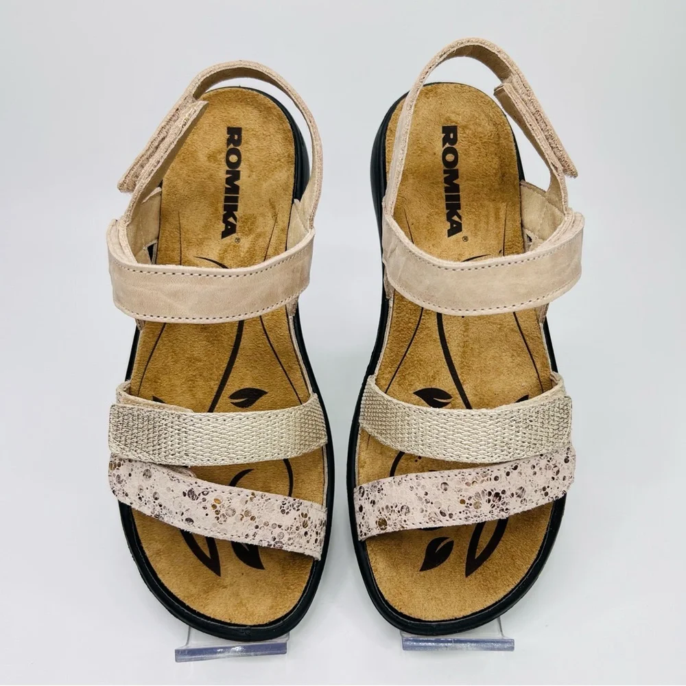 Romika Ibiza 103 Tan/Gold Leather  Hook & Loop Closure Slip On Sandals